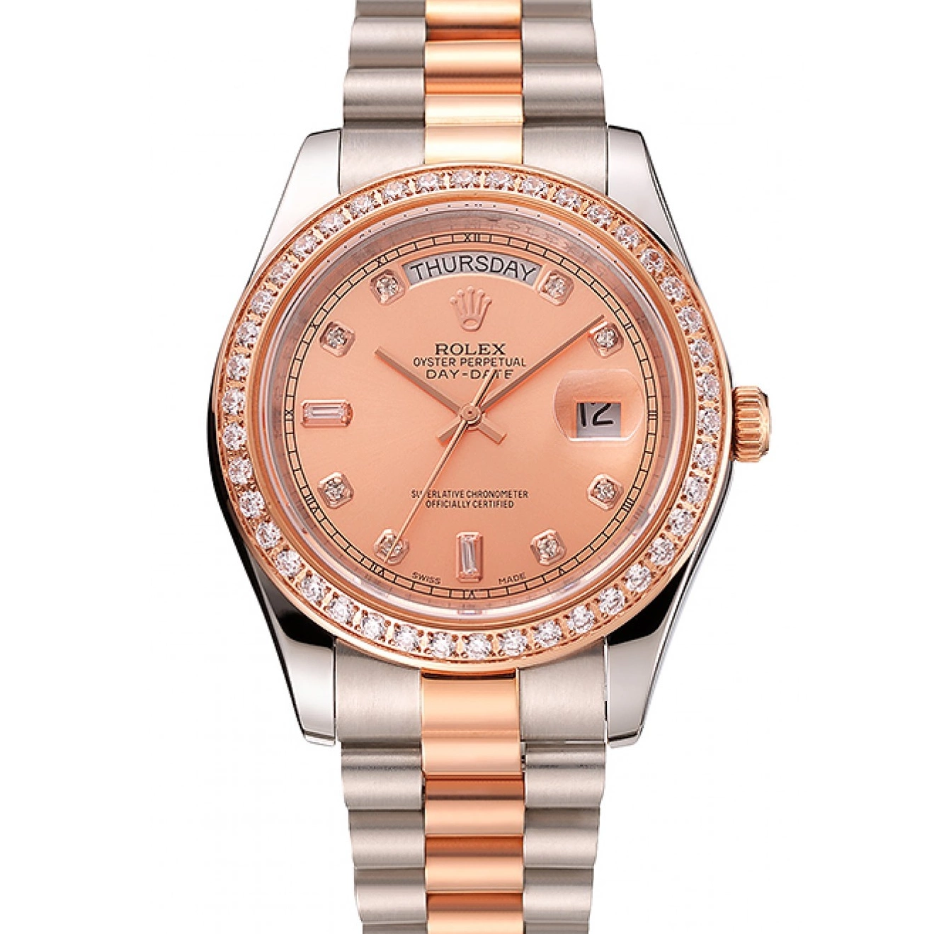 AAA Replica Watches Gold And Bezel Bracelet Swiss Staineless Day-Date Rolex 1454107 Steel Diamonds Rose 0518